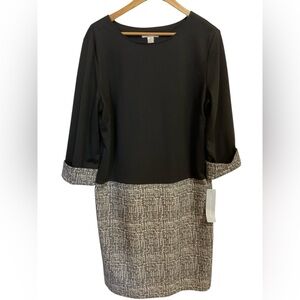 London Times Black Knit Contrast Tweed Sheath Dress Size 16